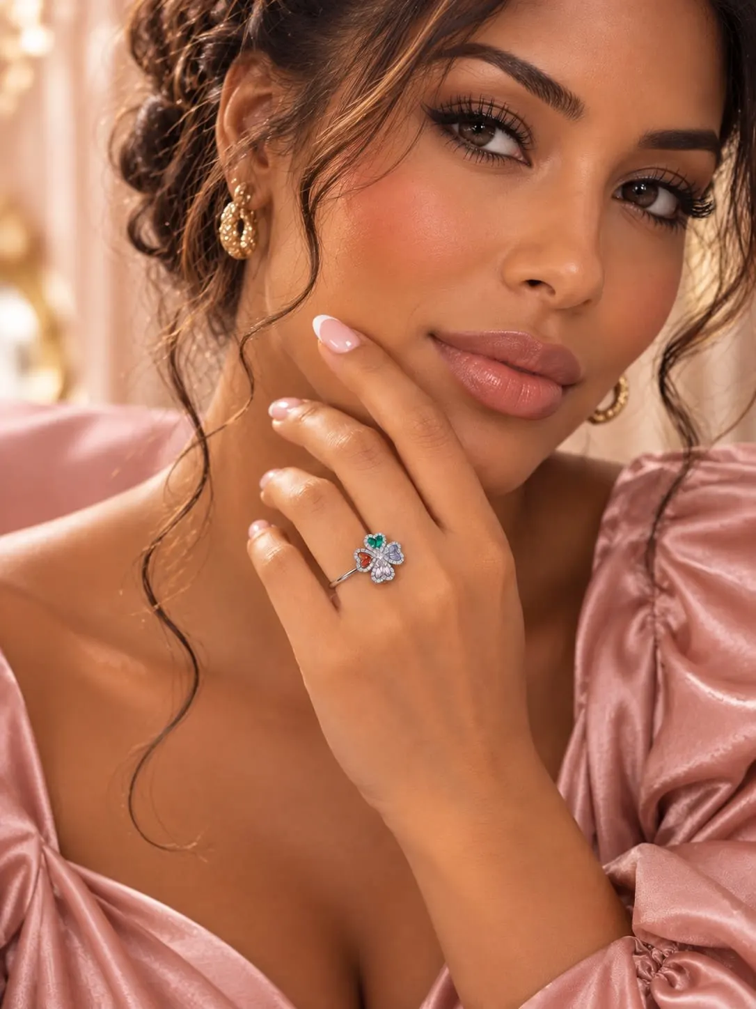 Bague rotative ajustable motif coeur porte bonheur